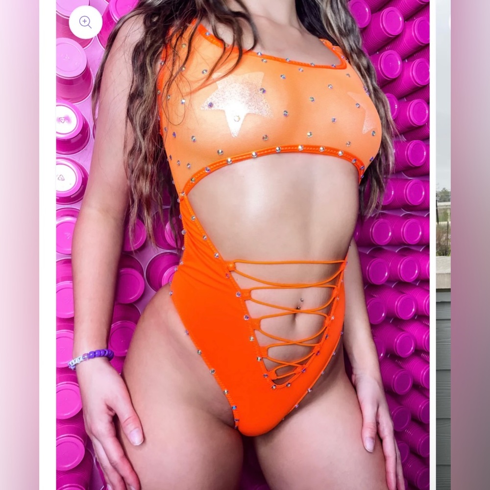 Neon Orange Bling Rave Bodysuit